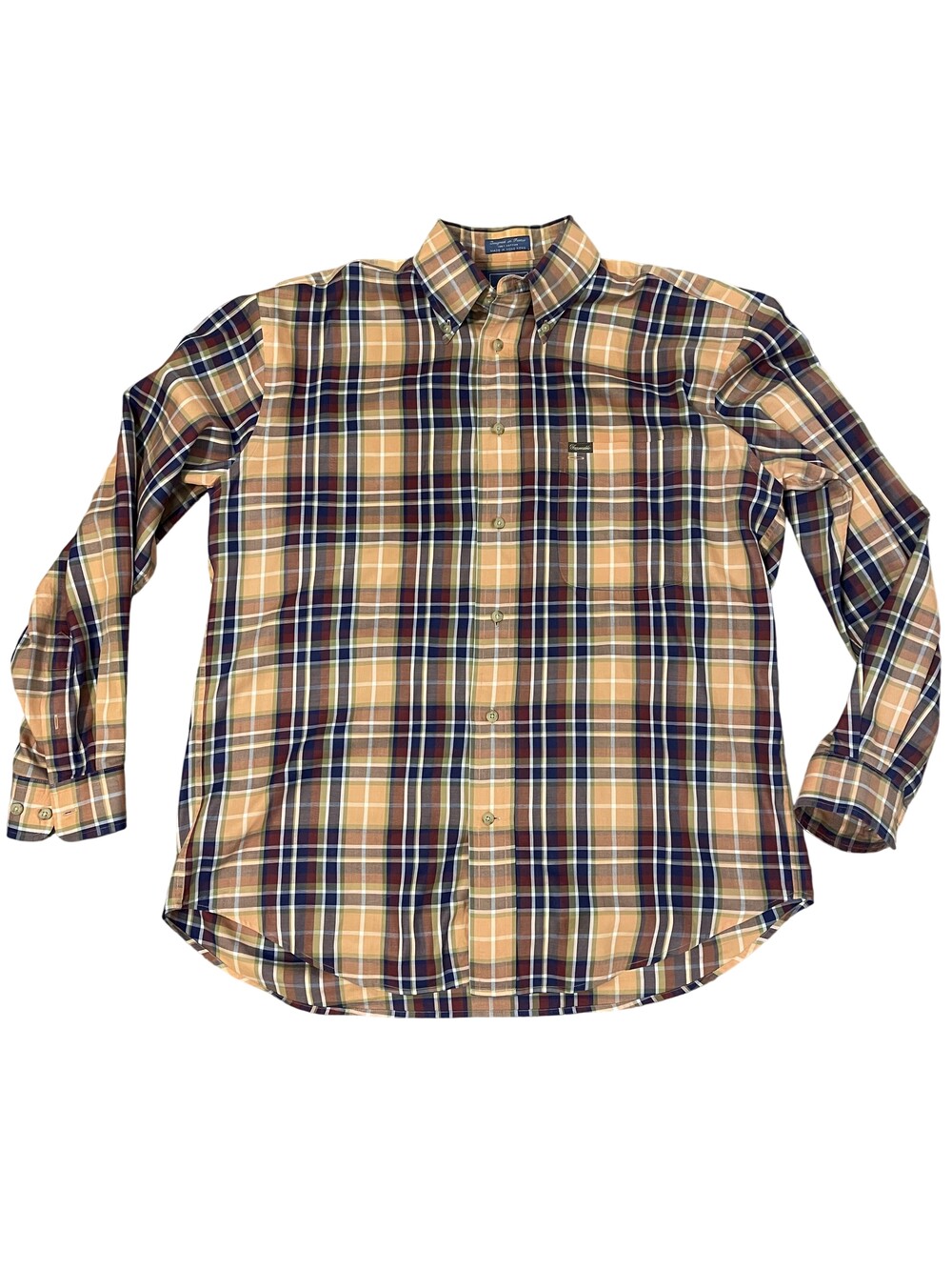 Faconnable Shirt Mens Medium Orange Blue Plaid Cotton Button Down Long Sleeve